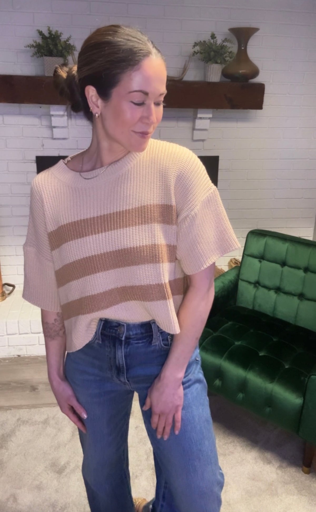 Beige & Brown Striped Short Sleeve Sweater